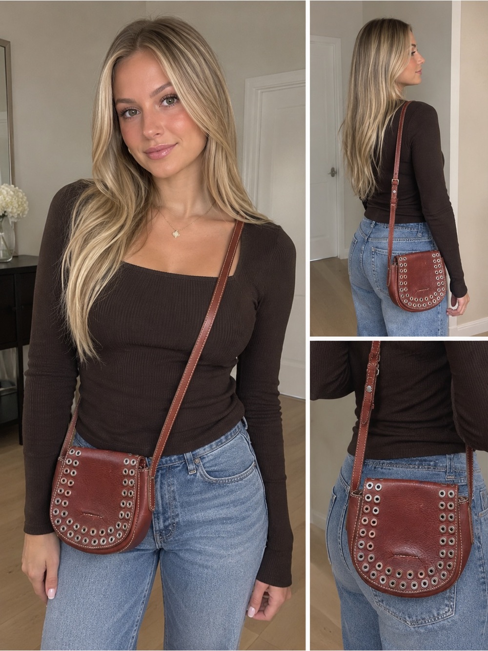 Frye Brown Rust Leather Grommet Saddle Crossbody Studded Bag Purse